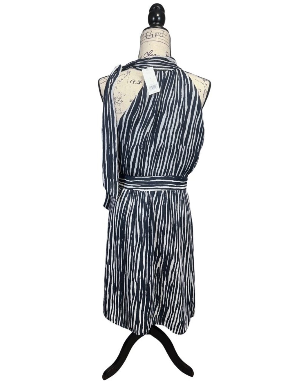Striped Halter Tie Neck Dress With Belted Waist - Black & White - Size S - New W - Picture 2 of 10